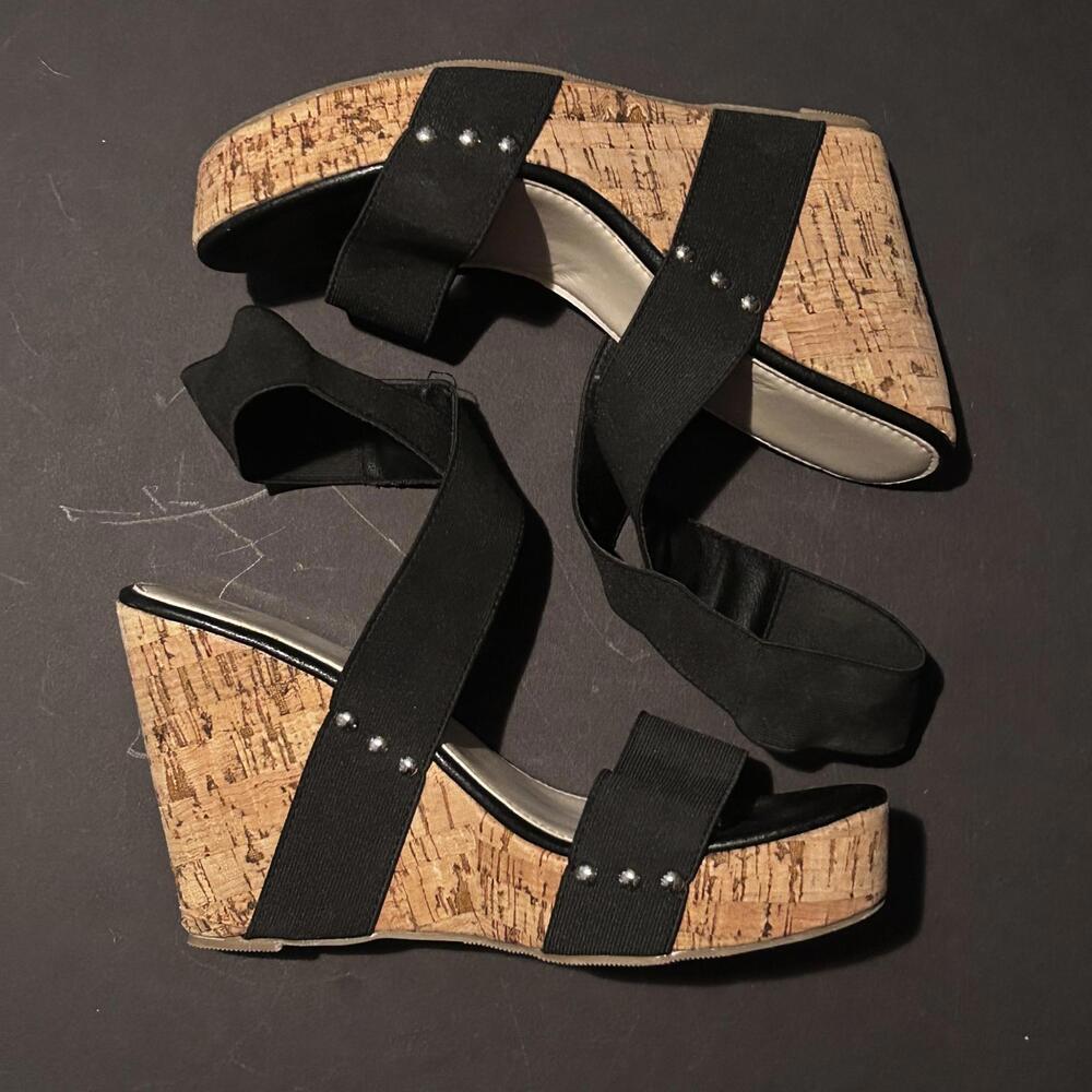 Black Elastic Strap Cork Wedge Sandals